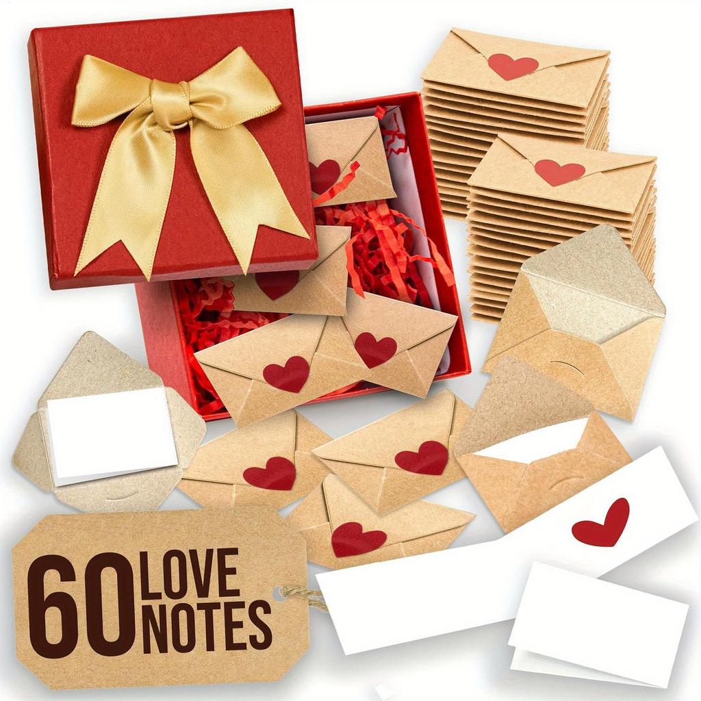 60pcs Creativity Valentines Envelopes Paper Love Notes Mini Valentines Day Cards w/Stickers for Boyfriend Girlfriend Couples Bag
