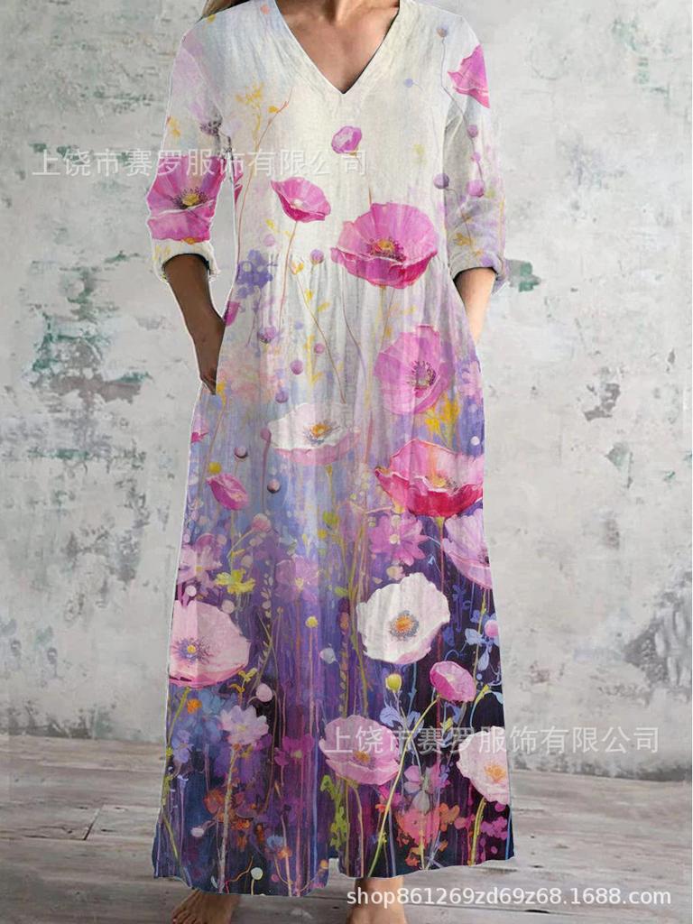 Damen Langarm V-Ausschnitt Maxi Kleid mit Streifenmuster, Knöchellanges Fließendes Kleid, Lässig Elegantes Kleid