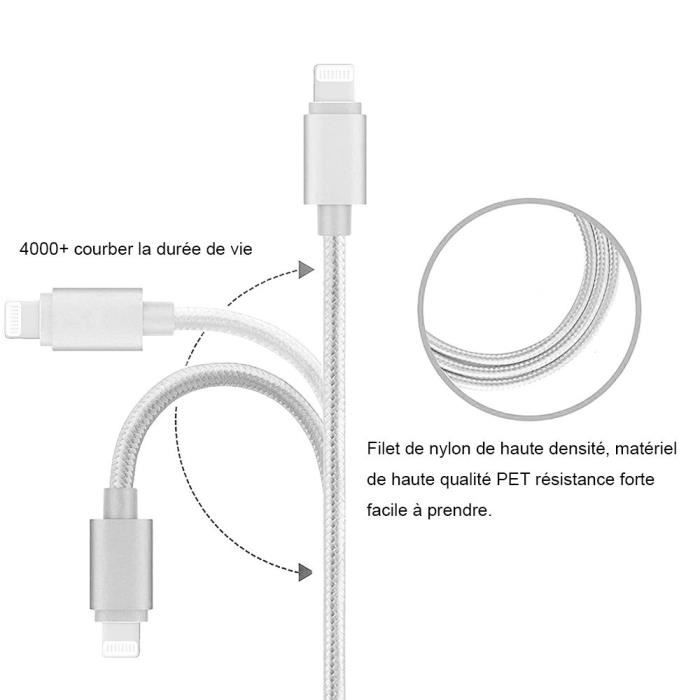 Câble Chargeur pour iPhone - MARQUE - Lot de 2 - 1M - Nylon Argenté - Compatible iPhone 5 à 11 Pro Max