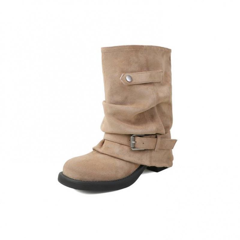 Autumn and Winter Women's Leather Boots Solid Color Medium Heel Round Head Versatile Large Size Women's Boots New Leather Big Tube Circumference High