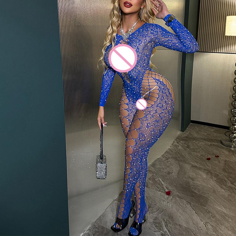 Embellished Sexy Lingerie Mesh Bodysuit Long-Sleeved Tight-Fitting Nightgown