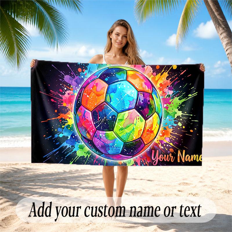 Soccer Theme Beach Towel Personalized Custom Name & Text Soft Quick Dry Beach Towel for Swimming Travel