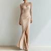 Women's Sheer Mesh Long Sleeve Pleated High Slit Bodycon Evening Dress for Wedding Guest Cocktail Party