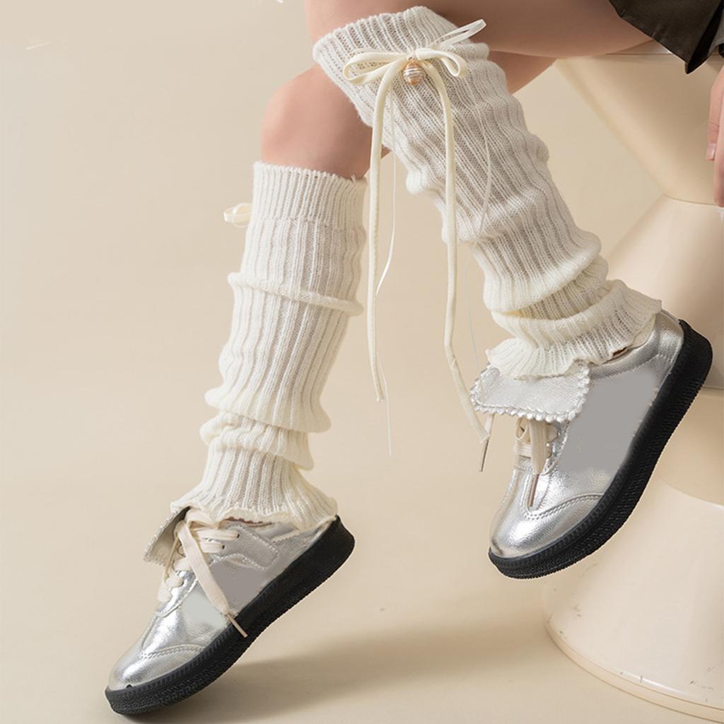Lovely Bell Decorated Socks Stackable Long Ribbon Girls Pile Up Socks Classic Solid Color Sock Sleeves Knitted Leg Cover