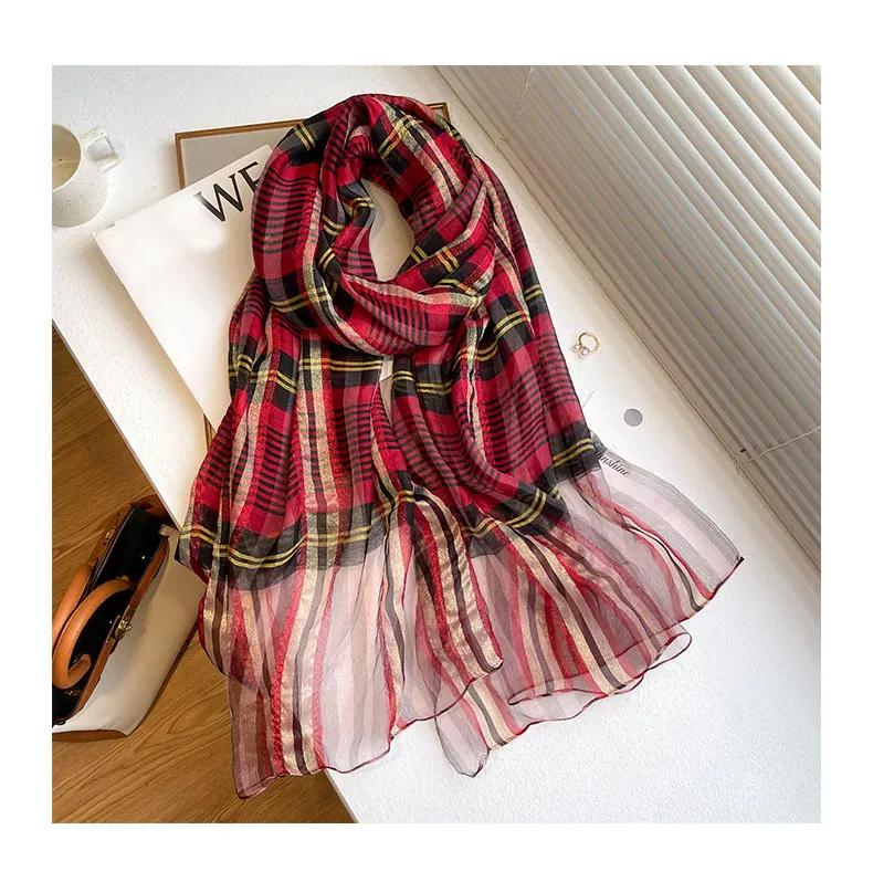 Four Season Silk Wool Scarf Women Hijab Plaid Pashmina Shawls And Wrap Luxury  Bandana Bufanda Blanket Scarves