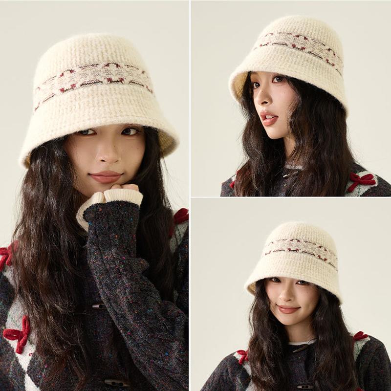 Vintage Color Jacquard Knitted Bucket Hat Women's Fisherman Hat