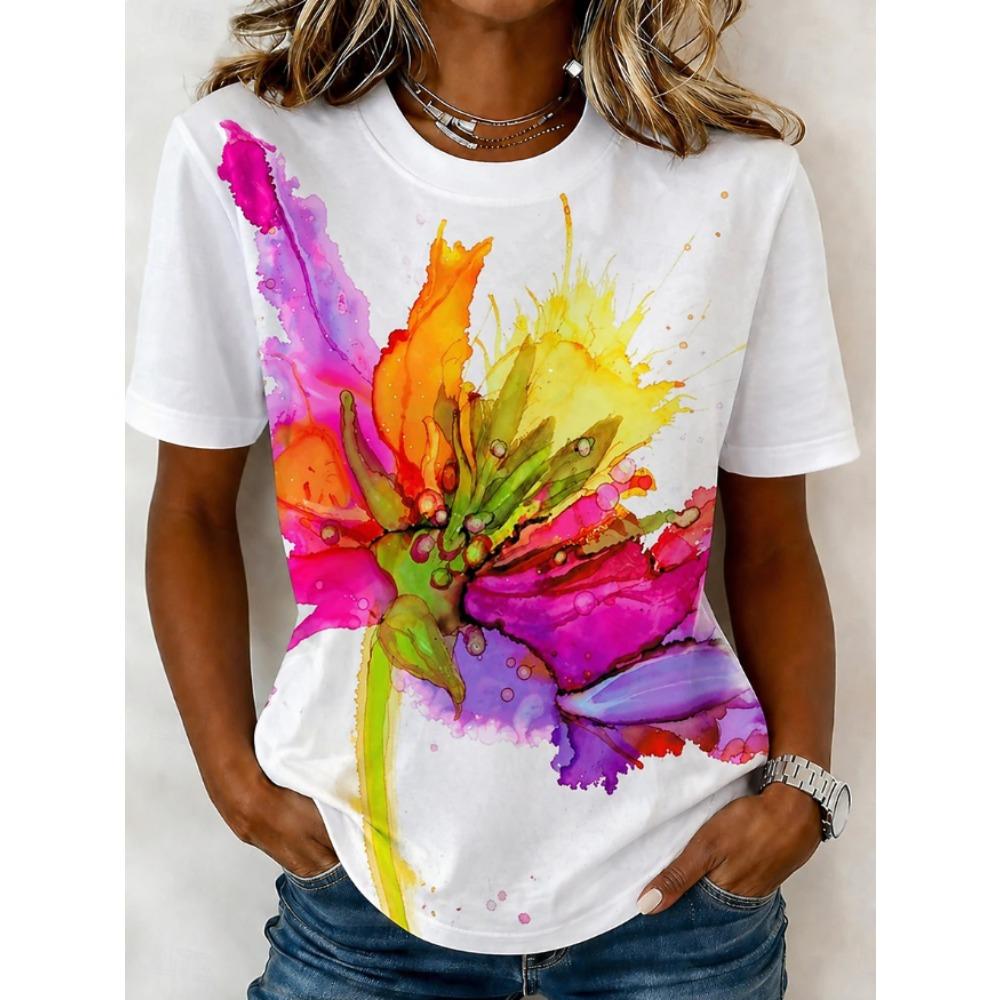 Fashion Women Retro Creative Ink Wash Flower Print T Shirt Funny Casual O-neck Short Sleeves T-shirt Summer Female Tee Shirt