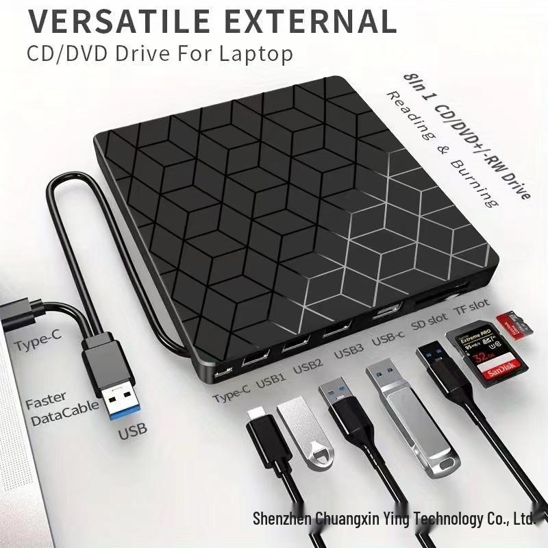 Seven-in-One USB 3.0 External DVD Writer with Flash Drive and Card Reader Connectivity