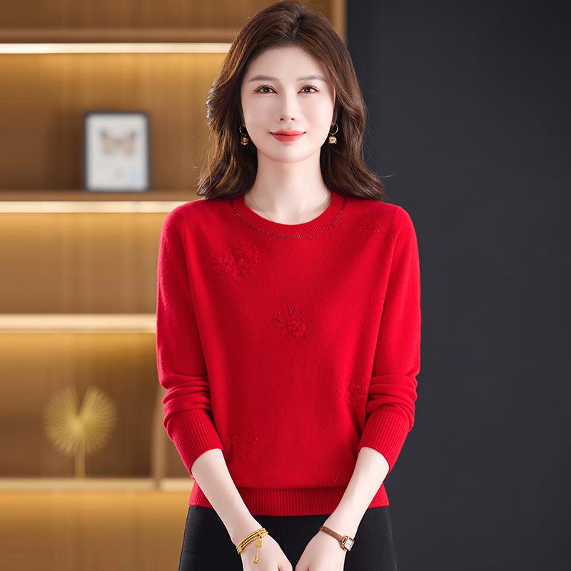 Autumn/Winter 100% Pure Wool Sweater for Mature Women - Knitted Base Layer with Stylish Embroidered Half-High Neck