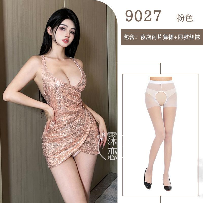 Sex Underwear Sexy Deep V Sequins Royal Sister Pure Desire Suspender Skirt Breast Free Evening Dress Nightclub Suit