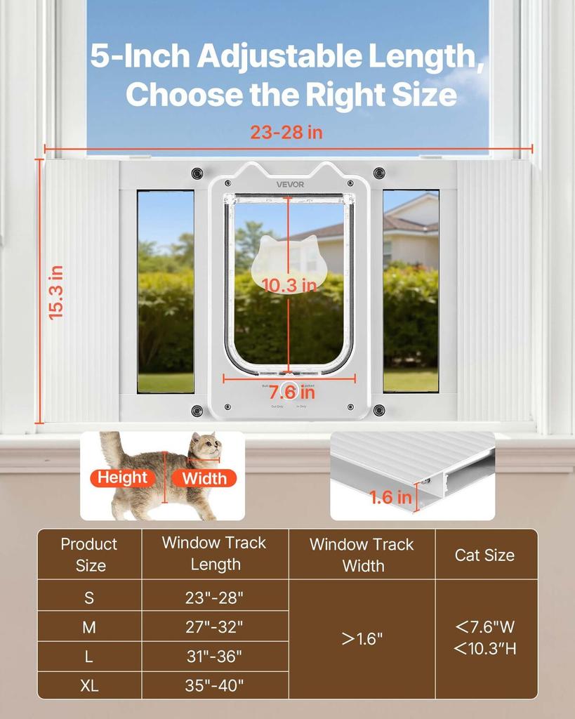 Cat Door for Window, Adjustable To Fit Window Width 584-711 Mm, 4 Secure Lock Modes, Aluminum Frame and High-Transparency Glass, Magnetic Closure,