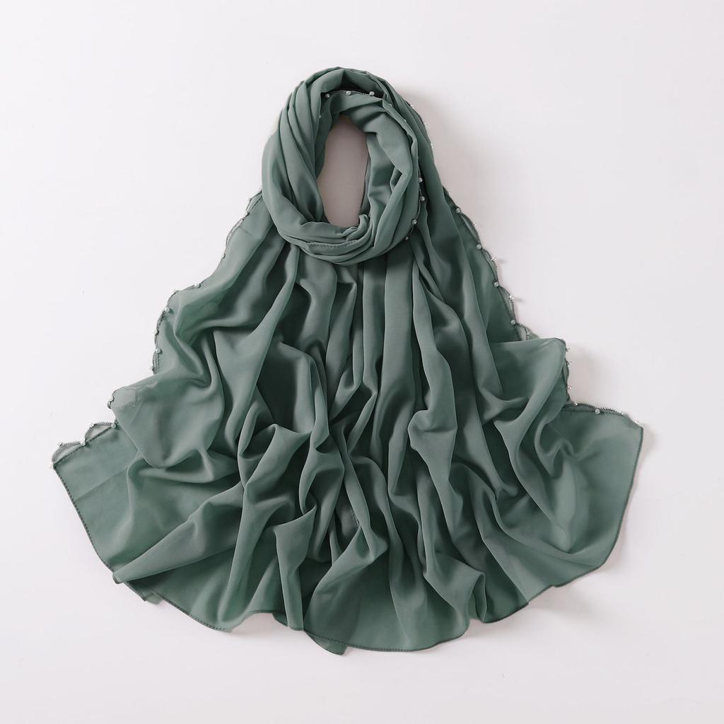 Pearl Edge Chiffon Hijab Scarf Women Muslim Long Shawl Soft Plain Head Wrap Beaded Border Lightweight Islamic Turban