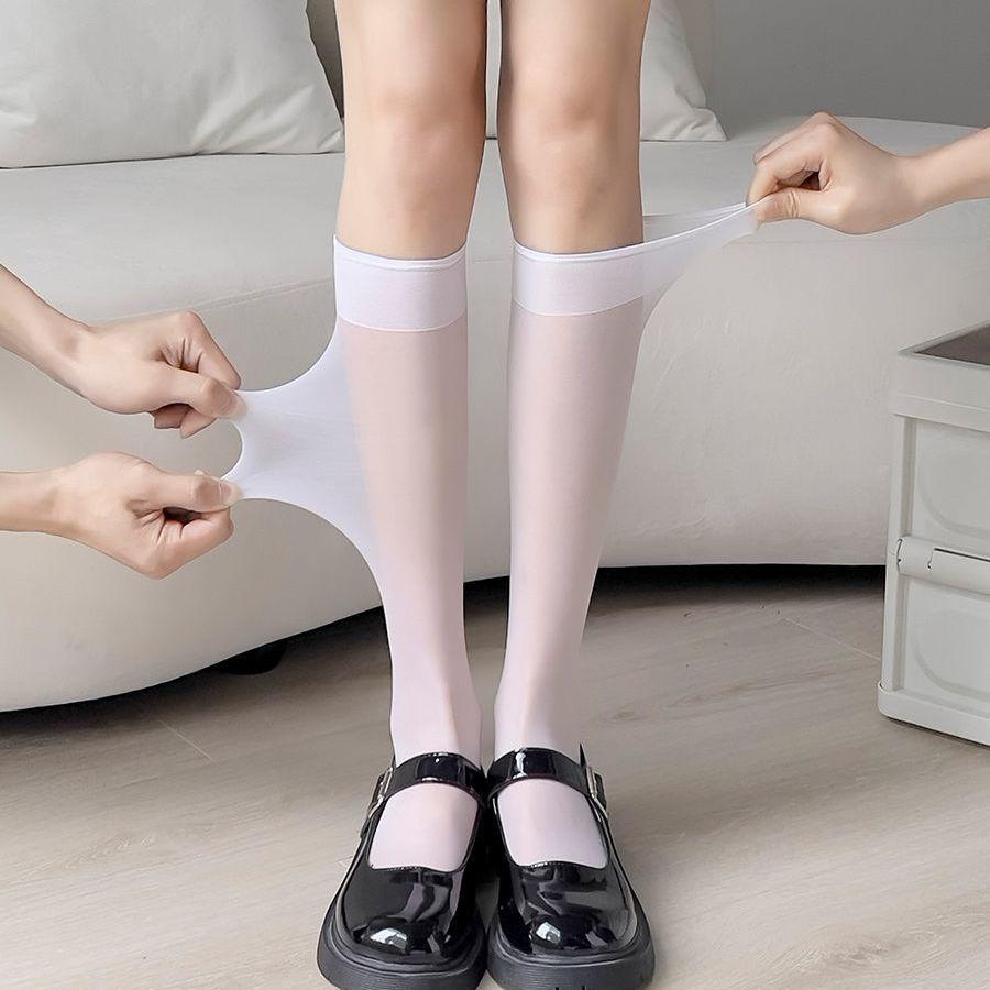 Ultra Thin Calf Socks for Women Long Tube Silk Stockings Summer Thin JK Knee High Socks White Sheer Half High Tube Socks Summer