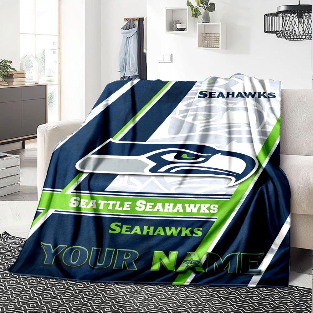 Name Custom Seattle Seahawks Logo Print Flannel Blanket High Quality Warm Comfortable Cover for All Seasons Perfect for Gifts Home Decor