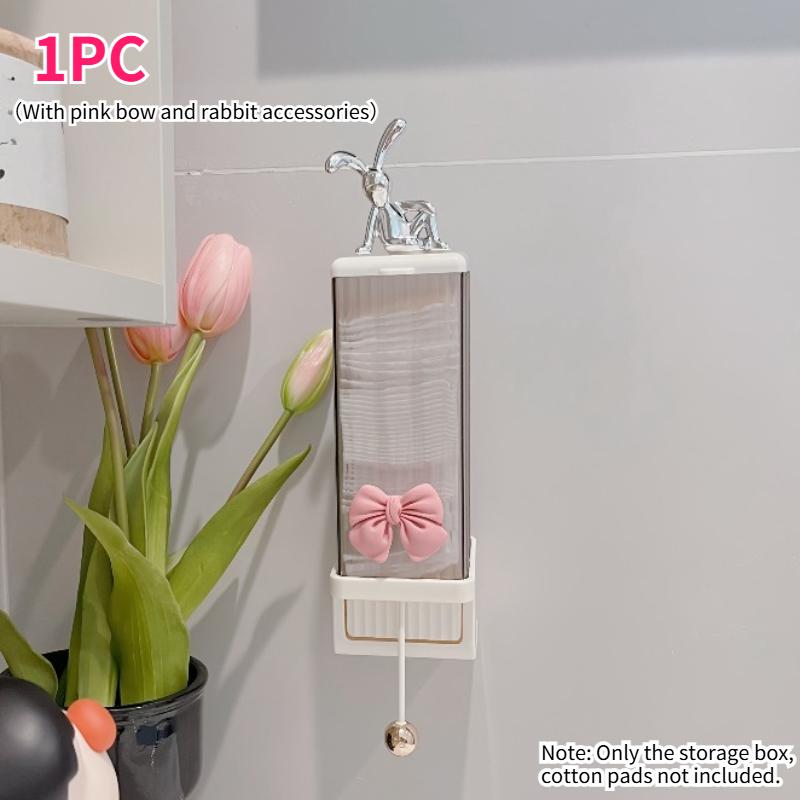 

Large-Capacity Pull-Out Makeup Pad Storage Jar Cute Rabbit & Pink Bow Wall-Mounted Organizer Storage for Bathroom Dressing Table