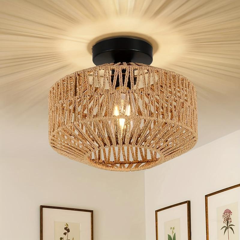 

Handcrafted Rattan Bohemian Ceiling Light - Rustic Farmhouse Charm Easy Mount Ideal- Light Bulb Not Included NO BULB чёрный
