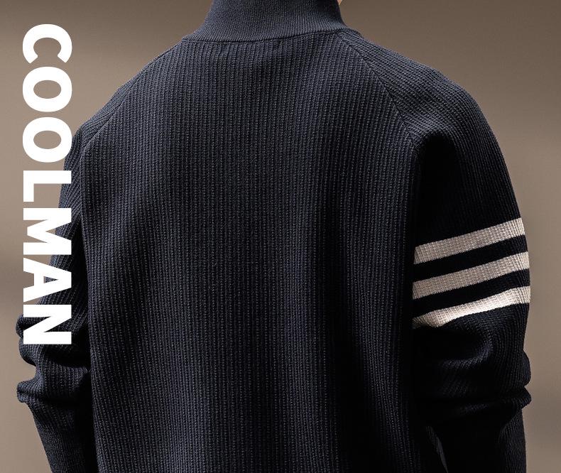 High-End American Trendy Men's 2025 Autumn/Winter Three-Stripe Knit Stand Collar Cardigan Sweater