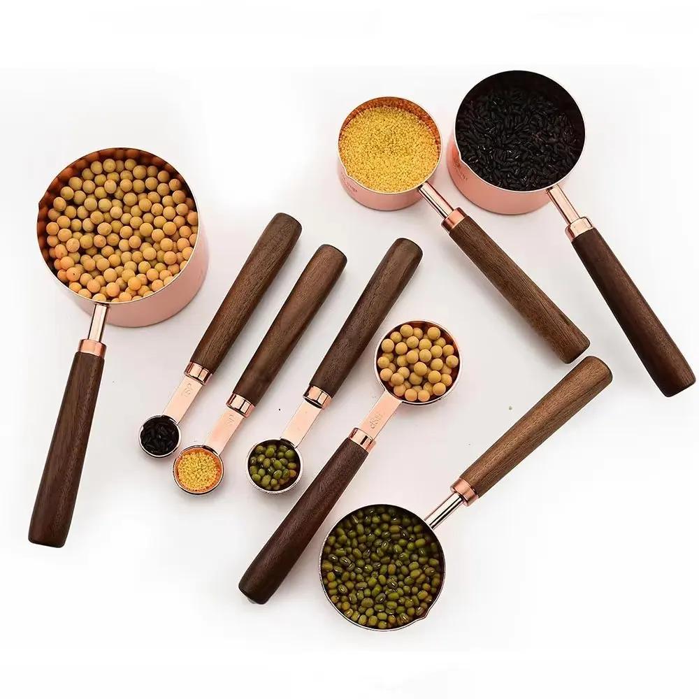 4/8Pcs Measuring Cups Spoons Stainless Steel Wooden Handle Baking Tools Coffee Measuring Spoon Set Bartending Scale Accessories