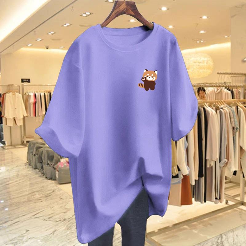2025 Women's Summer Loose Fit Letter Print Round Neck Mid-Length T-Shirt
