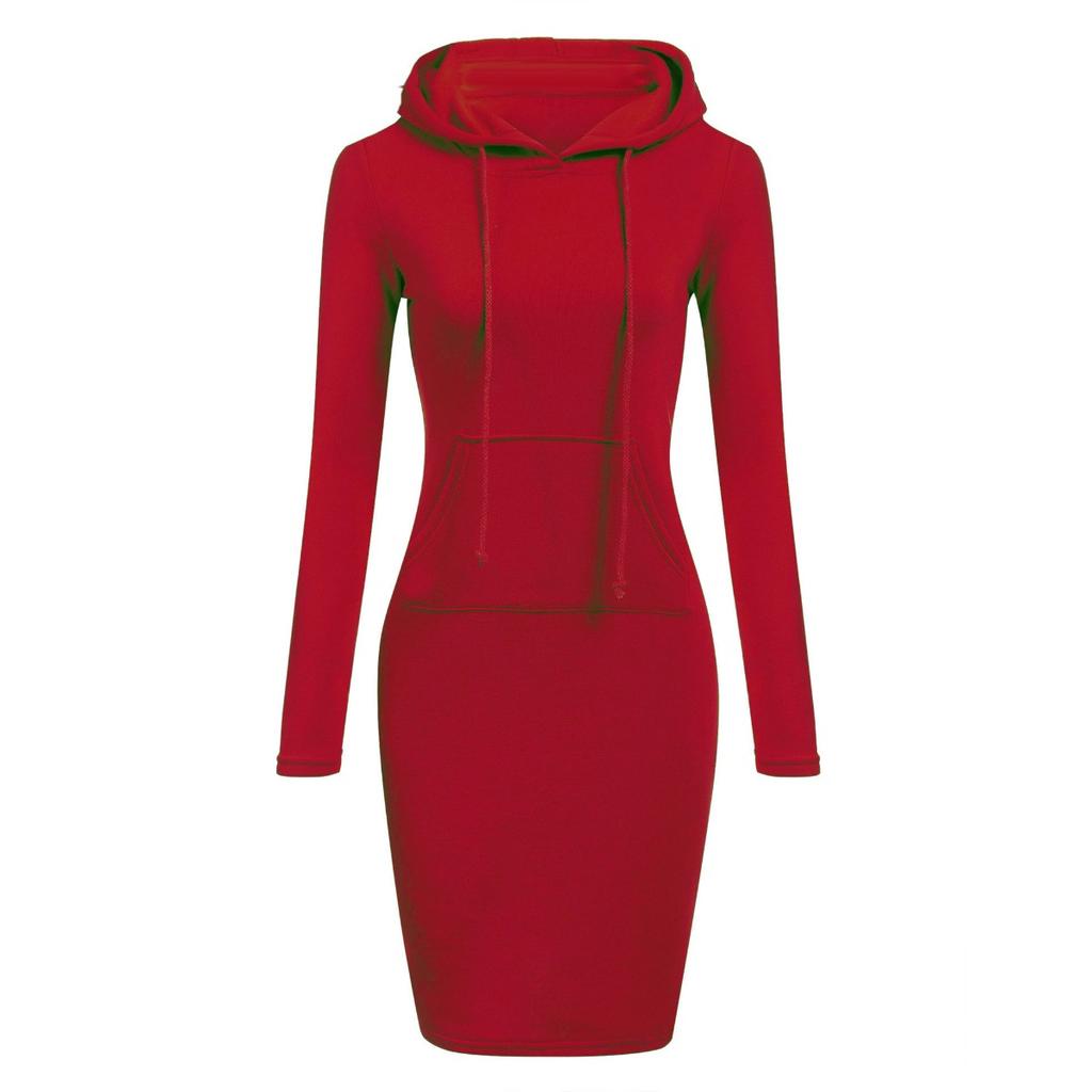 Women's Hooded Neck Long Sleeve Bodycon Midi Dress Solid Color Casual Sweatshirt Dress