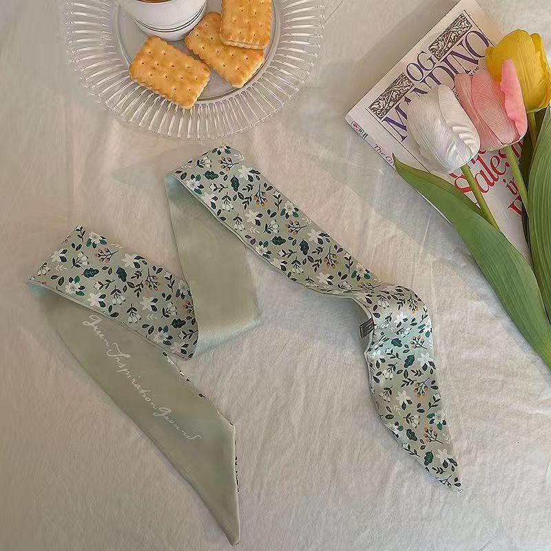 Small White And Tender Green Silk Scarf For Women, Thin Streamer, Headband, Hair Tie, Bag Decoration Long