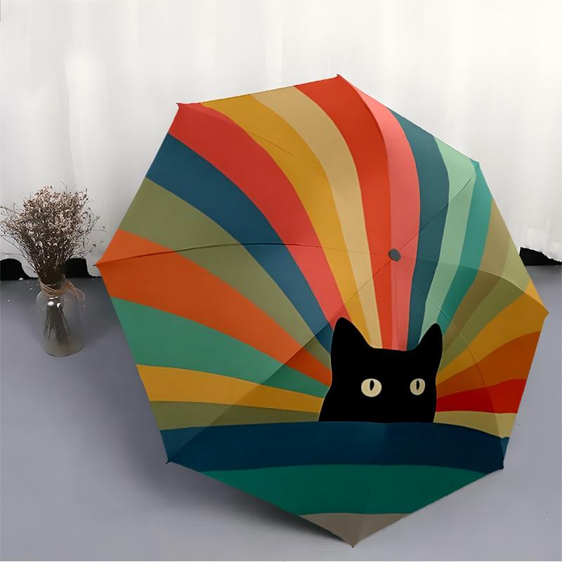 1PC Cat Rainbow Automatic Windproof Umbrella 8 Rib Portable Folding Black Iron Frame for Outdoor, Beach, Travel, Beach Umbrella,S43