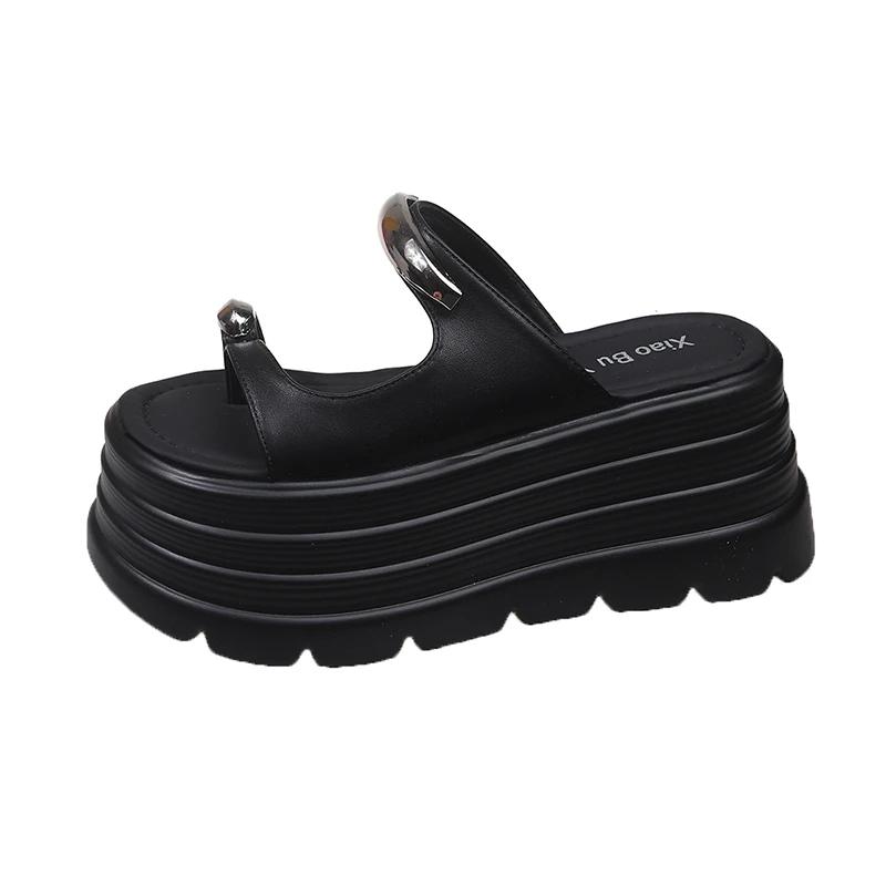 Fashion 2025 New Summer Platform Wedges Slippers 8CM Heels Peep Toe Sandals Ladies Beach Flats Shoes Women Moccasins Leather Flip Flops