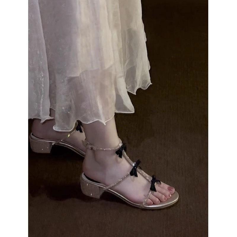 Fashion Hot Selling 2025 Summer Women's Sandals New Fashion Buckle Strap Dress Sandals Crystal Bow Tie Square Heel Round ToeShoes Female