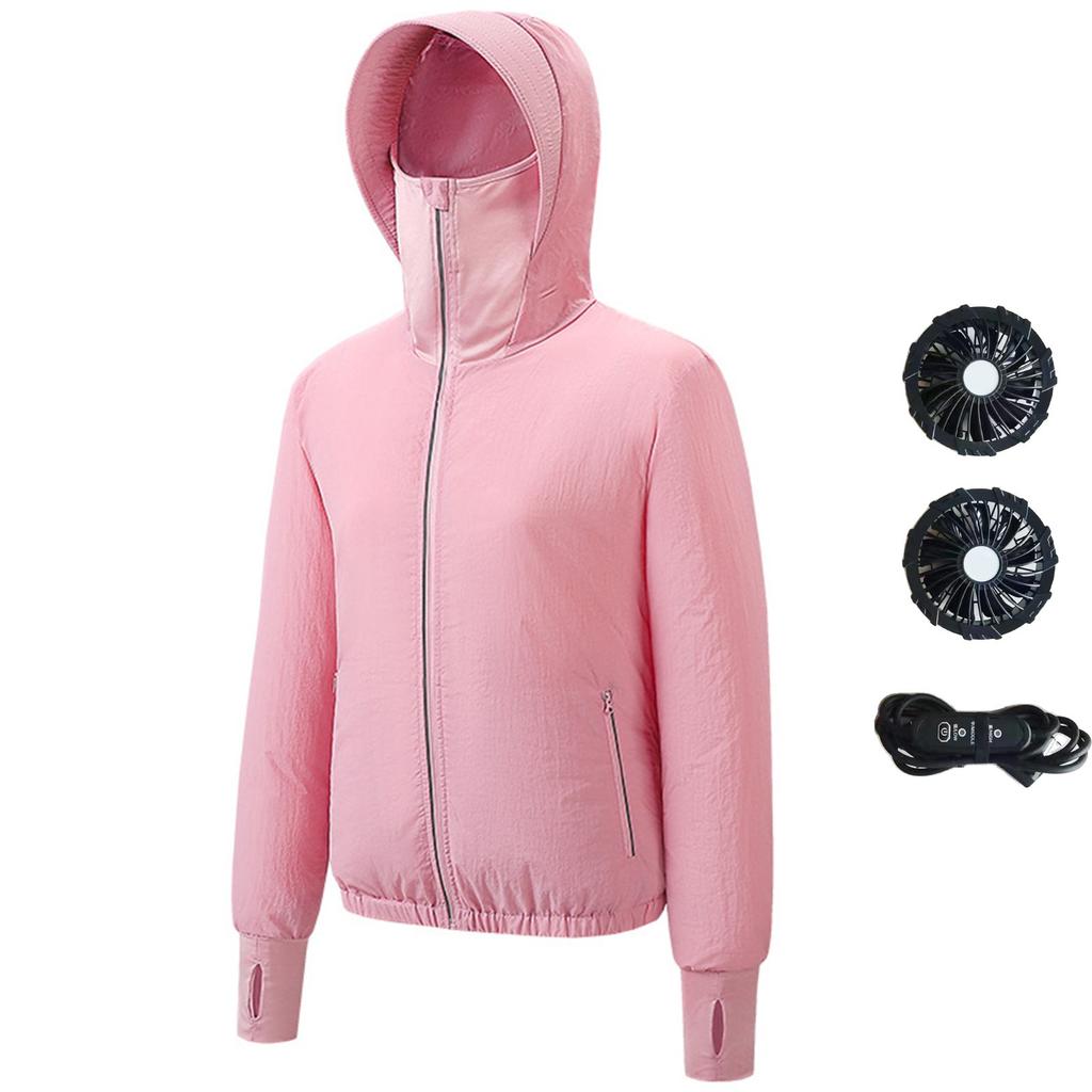Women's Summer Fan Jacket (Including A Set Of 9-blade Brushless 5V Fans) Long Sleeved Hooded Zipper Heatstroke Proof Solid Color Work Clothes