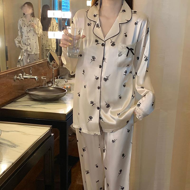 Summer High-End Green Fashion Lapel Pajamas Women'S Long-Sleeved Trousers Plant Flower Loungewear Set