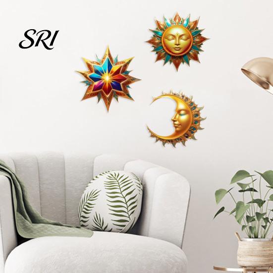 Entrance Wall Decoration 3Pcs Sun Moon Star Decorations Waterproof Bohemian Wooden Exotic Style Courtyard Decor Art Set Outdoor Indoor Hanging