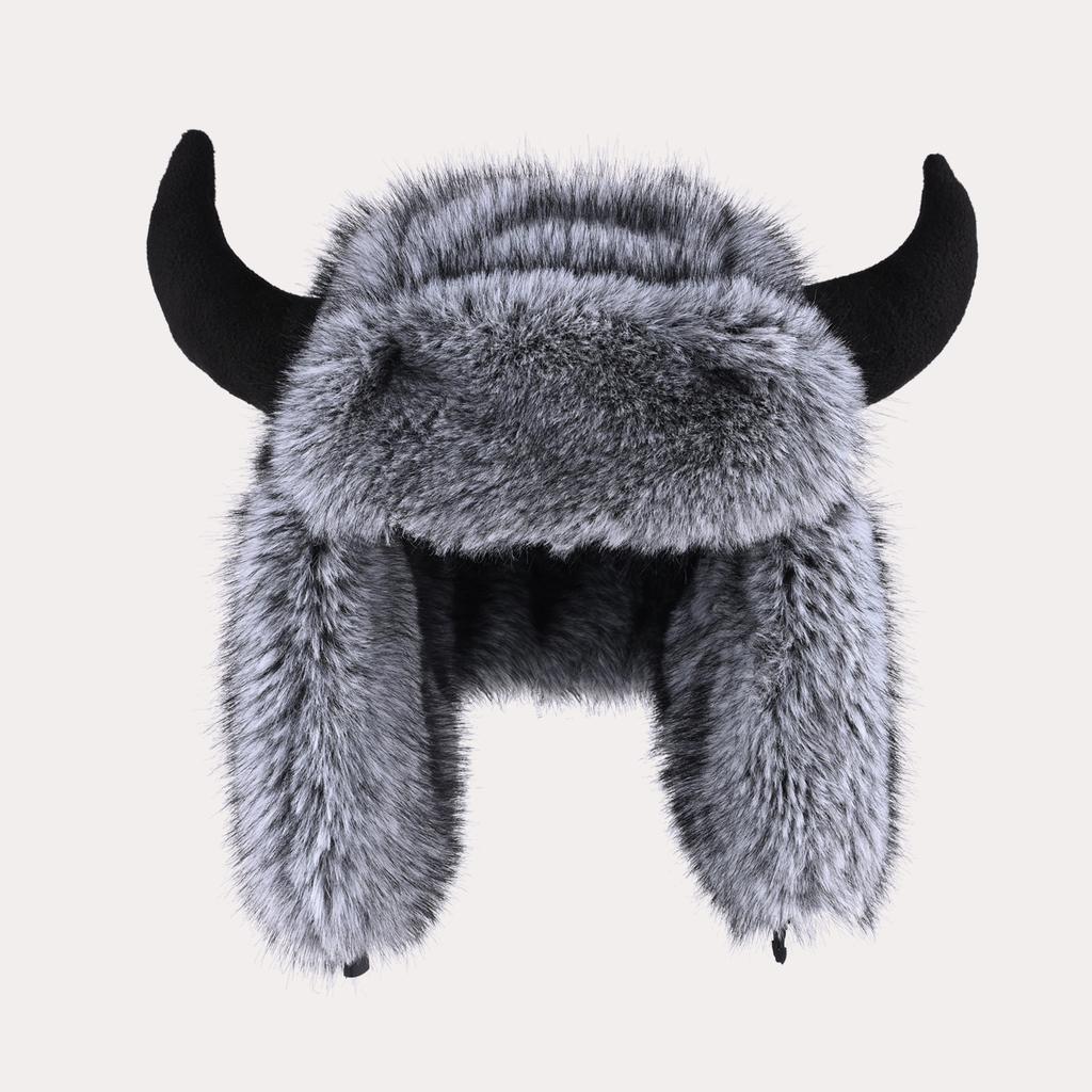 Horn Hat Men's and Women's Winter Imitation Mink Plush Fur Ear Protection Hat Outdoor Cycling Warm Cow Head Hat