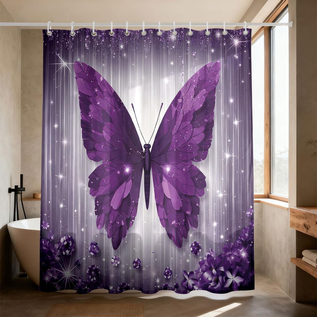 1Pc Purple Butterfly Printed Waterproof Shower Curtain Partition Privacy Hanging Curtain, 12 Hooks, Multiple Sizes