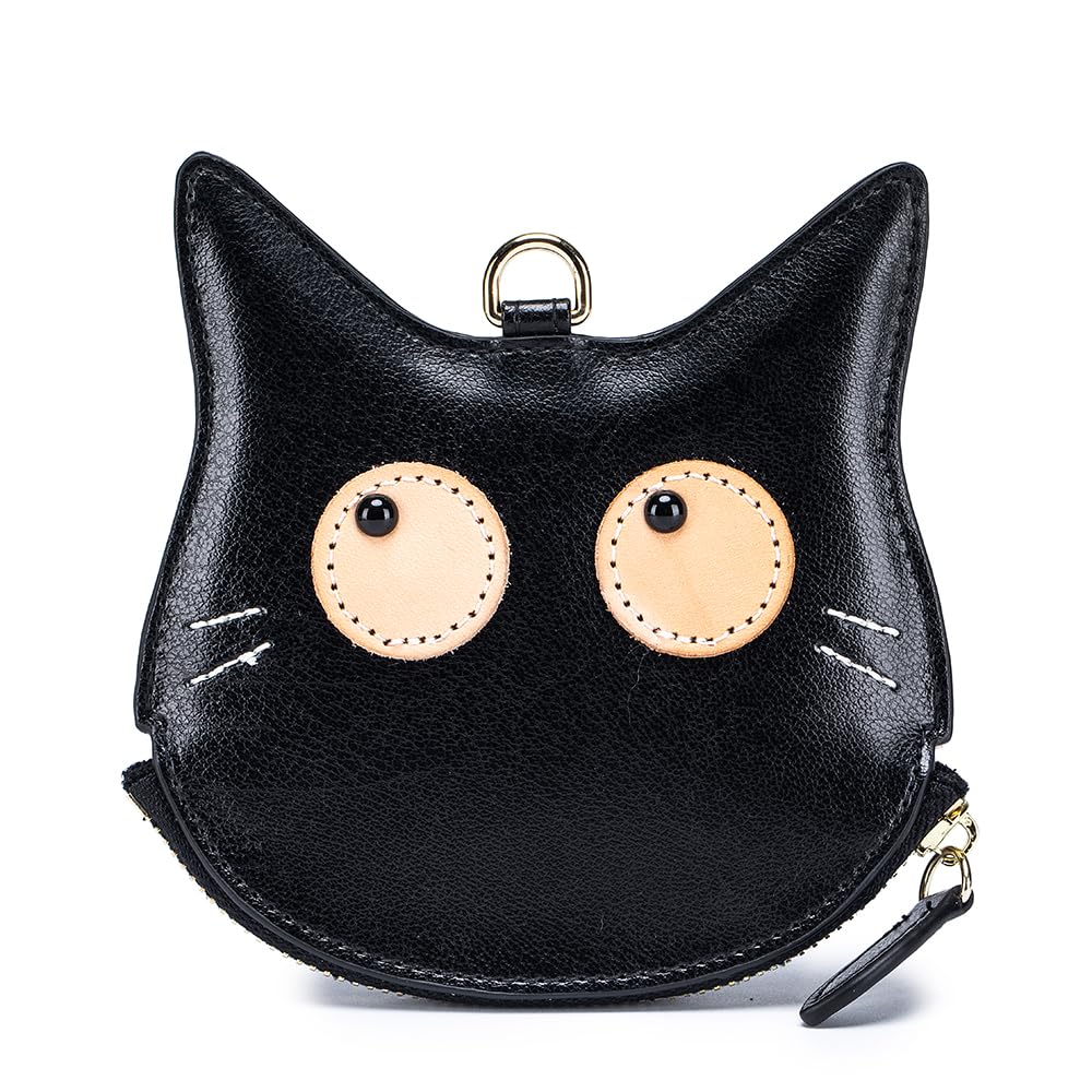 Yocipa Genuine Leather Cat Coin Purse, Women's Mini Wallet, Neck Pouch, Leather Coin Case, Multifunctional, Compact Neck Wallet with Strap, Cute