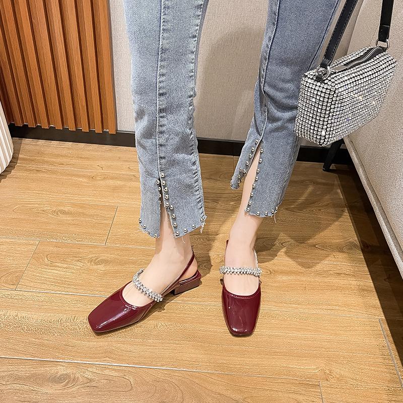 Qiangshengda 2025 square head microfiber leather rhinestone rear empty thick heel sandals women Mary Jane low heel comfortable