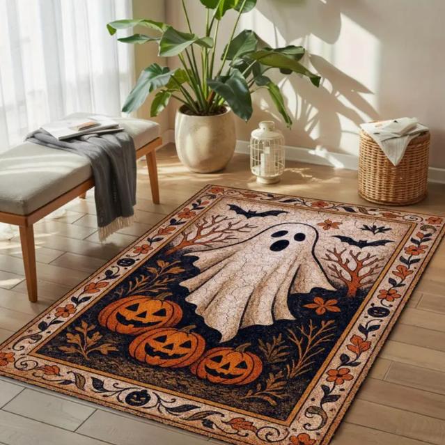 Gothic Skull Floral Pattern Area Mat Non-Slip Rectangle Floor Mat for Indoor Outdoor Garden Patio Handmade Polyester Decorative