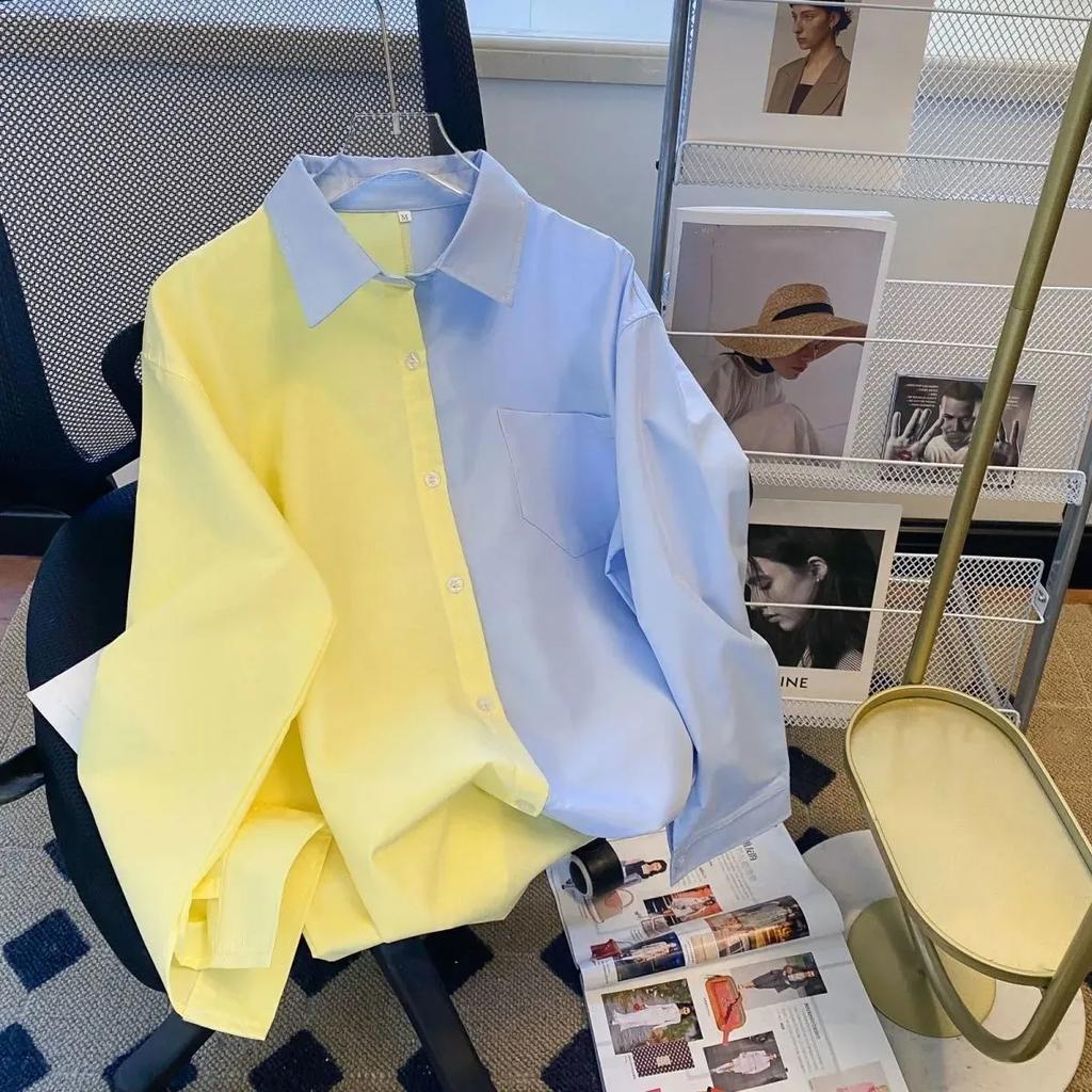 Women's Spring/Fall Long-Sleeve Color-Block Shirt Korean-Style Loose-Fit Academic Blouse