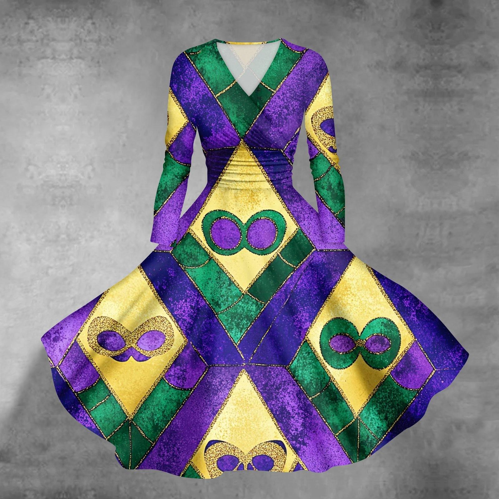 

Women s Casual Fashion Carnival Print Long Sleeve V-neck Sexy Pocket Dress XXL