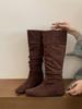 2025 New Suede Inner Western Cowboy Boots Stacked Long Boots Retro Flat Bottom But Knee Women's High Boots