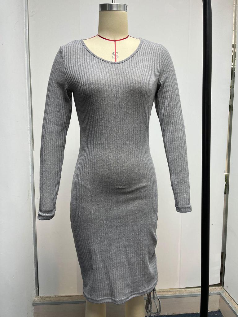 V-neck Knitted Sweater Dress - Long Sleeve, Slim Fit, Ruched Drawstring, Ribbed Design for Autumn/Winter