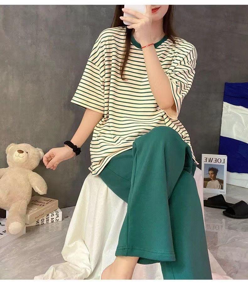 Dames Zomer 2025 Gestreept Pyjamaset met Borstkussentjes - Korte Mouw, Casual, Lichtgewicht