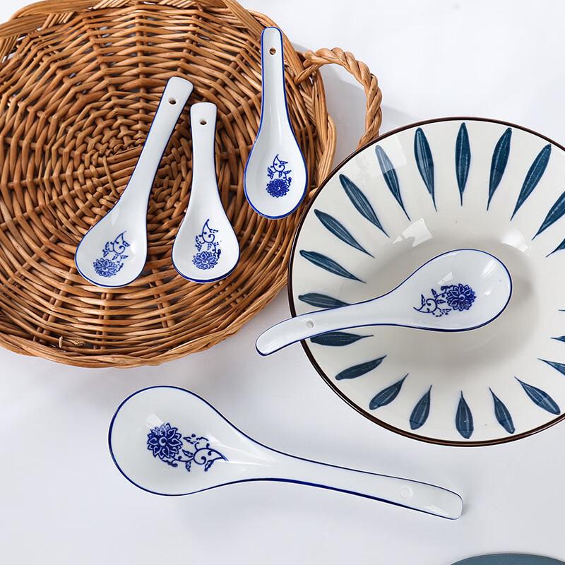 European Style Blue & White Ceramic Long Handle Soup Spoons