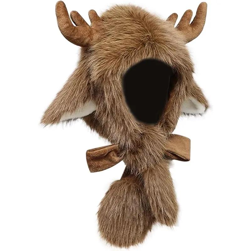 Warm Christmas Plush Elk Pullover Hat Autumn/Winter Thicken Windproof Cute Ear Protection Faux Fur Lined Comfortable Bomber Cap
