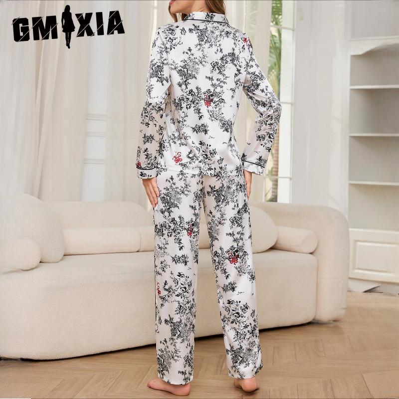 GMXIA Women's Pajamas Autumn and Winter Simulation Silk Long-sleeved Loungewear Suit