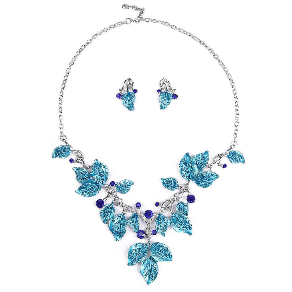 European-American Colorful Leaf Diamond-Encrusted Enamel Alloy Necklace Set
