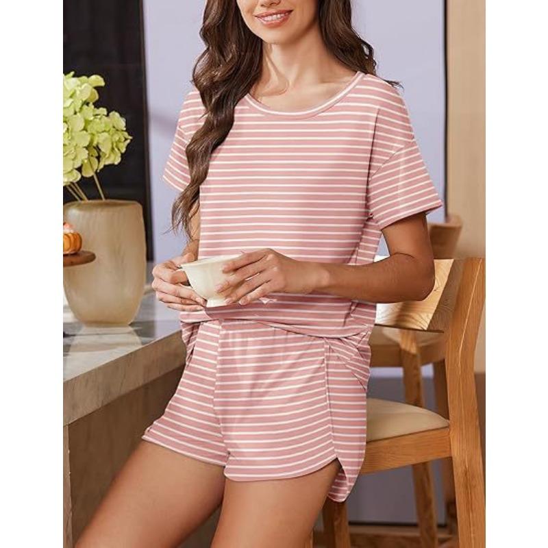 

VEZFAA Женские модные повседневные летние весенние полосатые брюки с коротким рукавом и круглым вырезом, костюмы XL розовый