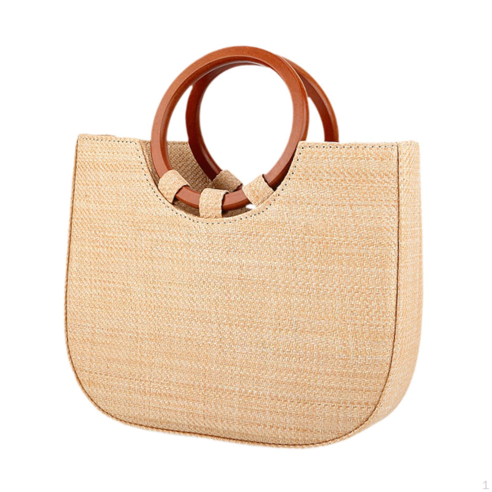 

Сумка из ротанга ручной работы в стиле ретро с круглой деревянной ручкой, летняя пляжная сумка через плечо бежевый