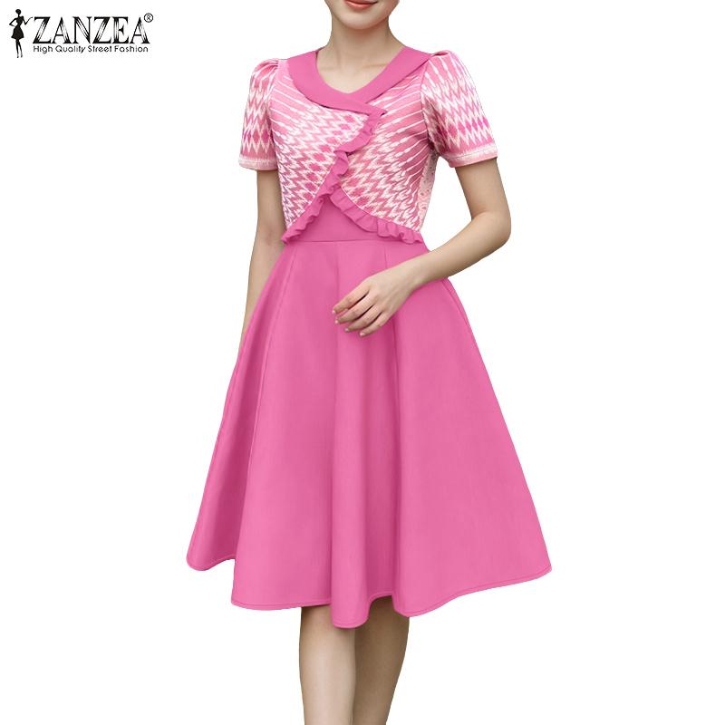 ZANZEA Women Casual V-Neck Summer Short Sleeve Print Dress