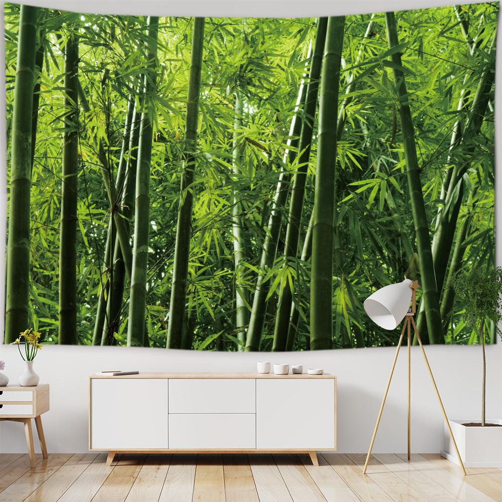 Chinese Zen Garden Green Bamboo Water Lily Print Tapestry Home Living Room Room Wall Decoration Background Cloth Tapestry