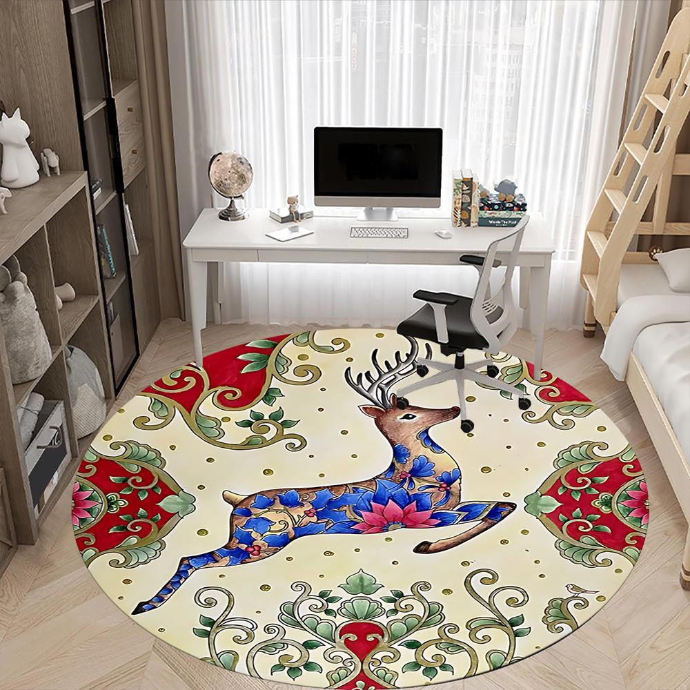 1pc Deer Floral Office Round Area Rug, Under Office Chairs Bedroom Living Room Home Decor, Room Deco